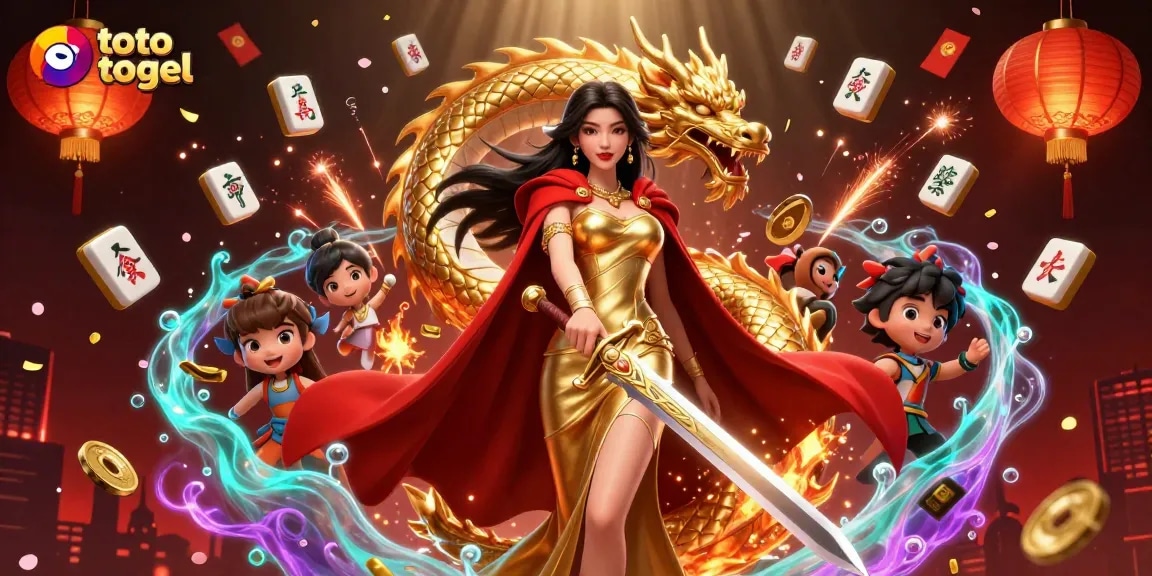 Terlibat dalam aksi toto togel yang mendebarkan dengan ilustrasi ratu pejuang dan naga emas.