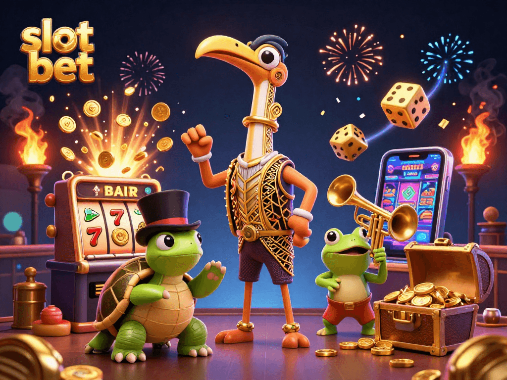 Slot bet dengan mesin slot 3D mengeluarkan koin jackpot dan simbol menyenangkan.
