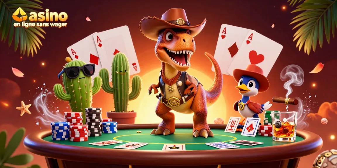 Jouer sur un casino en ligne sans wager avec des personnages colorés autour de tables de poker