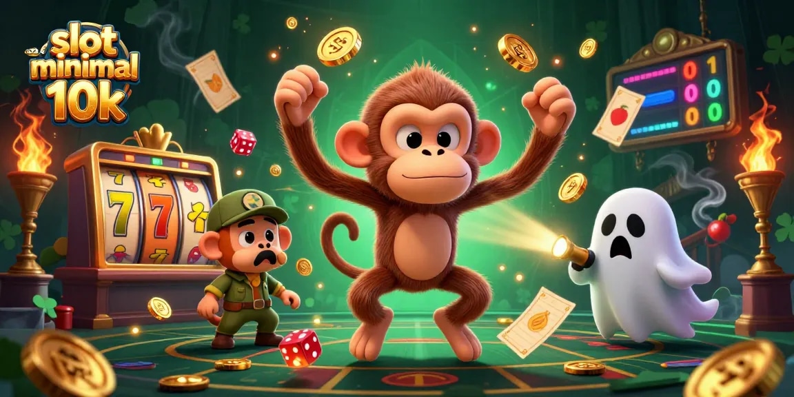 Slot minimal depo 10k, permainan slot gacor menampilkan karakter monyet poltergeist dan anjing pemburu hantu melacak koin berkilau.