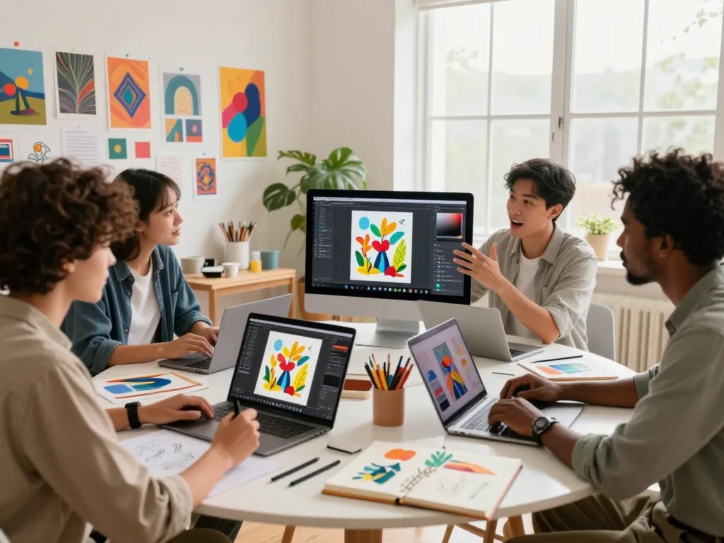 Creative artists collaborating on the Nano Banana AI image editor in a vibrant workspace.