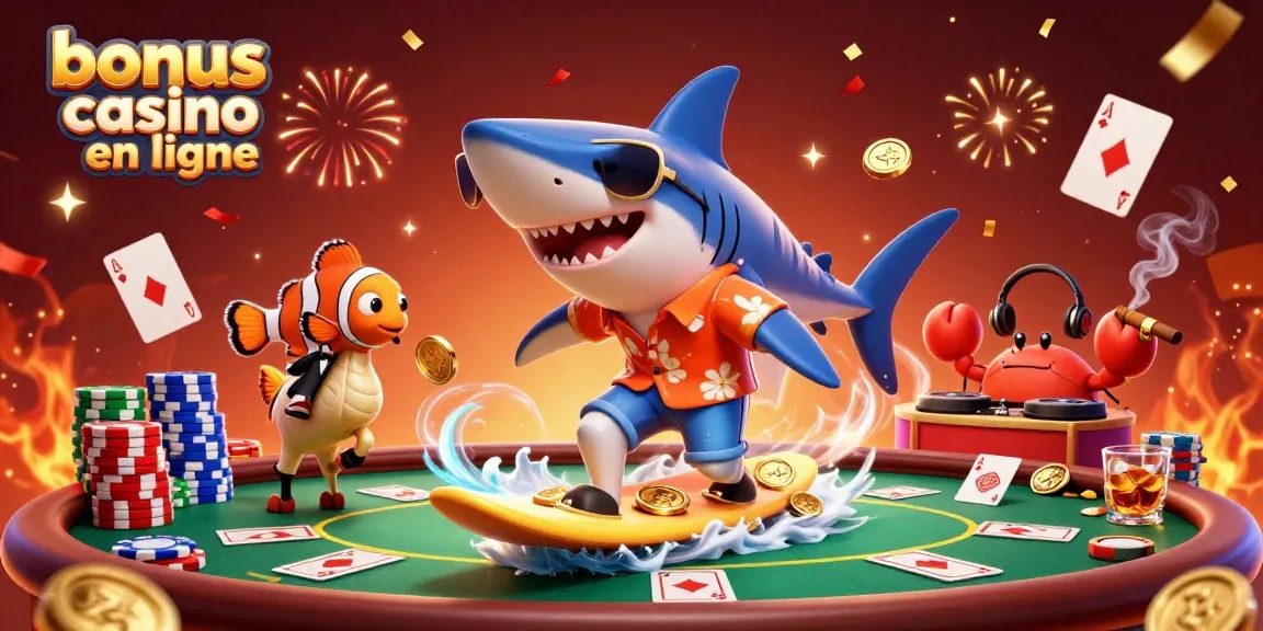 Découvrez l'excitation du bonus casino en ligne avec une illustration 3D vibrante mettant en scène des personnages de casino fantaisistes au milieu d'éléments de jeu riches.