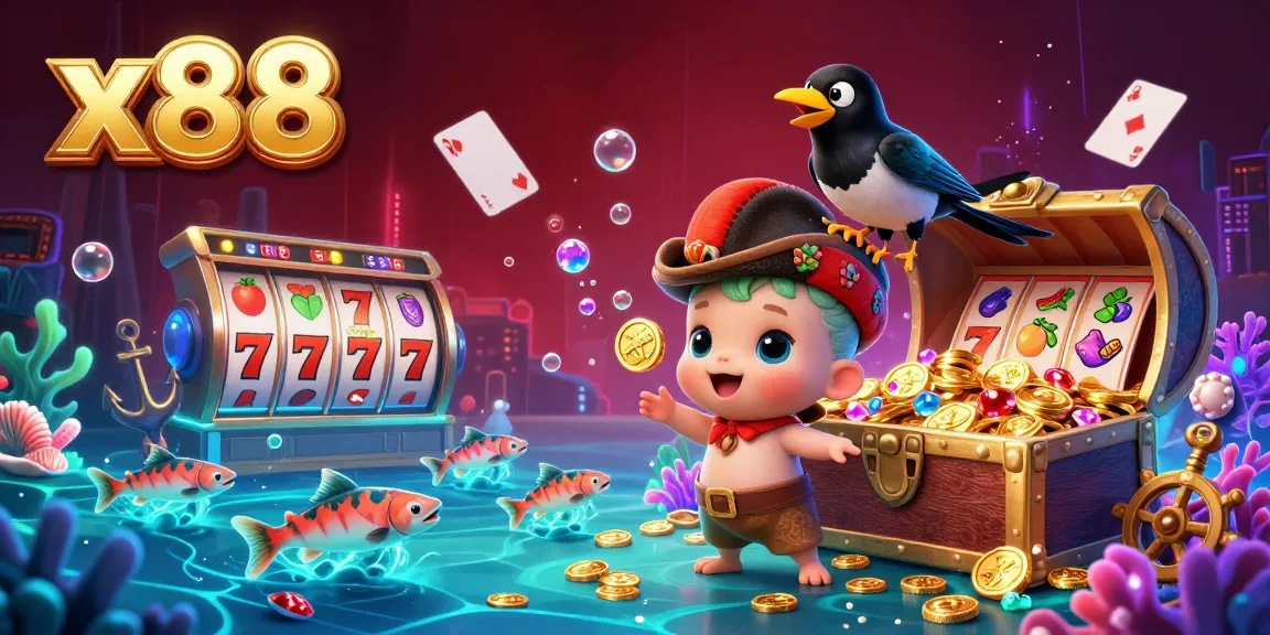 The lively x88 gaming scene features a playful baby Nessie, gold-sharing magpie, and tartan salmon amidst vibrant casino elements.