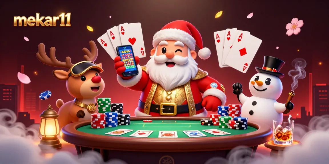 Experience thrilling gameplay with mekar11 as Santa Claus and friends enjoy slot jackpots in a vibrant fantasy casino.