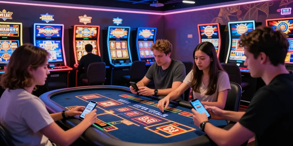 Online gaming scene showcasing players at digital slot machines using slot deposit 5k for exciting gameplay and potential jackpots.