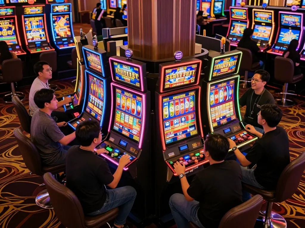 Sparking excitement in situs slot gacor games, vibrant players engaged at colorful slot machines.