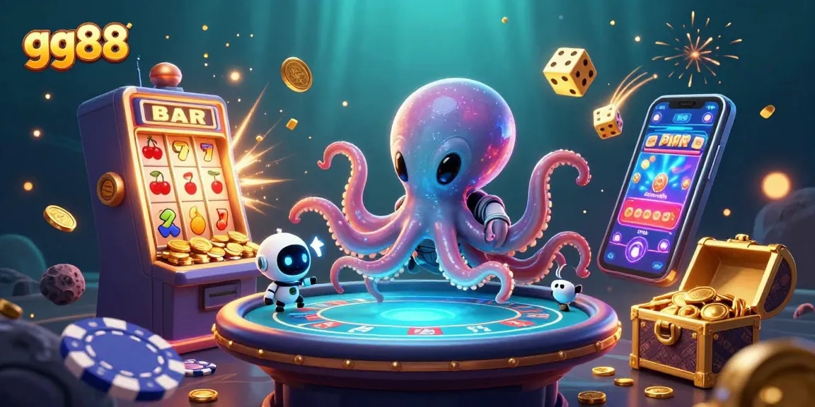 Spin and win at gg88 with a vibrant 3D casino scene featuring an octopus and robot at a poker table.