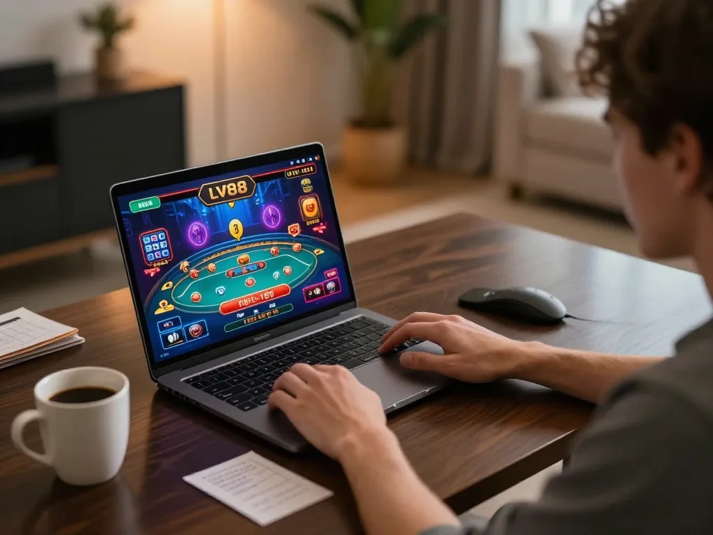 Engaged player enjoying LV88 casino games on a sleek laptop, representing online gambling