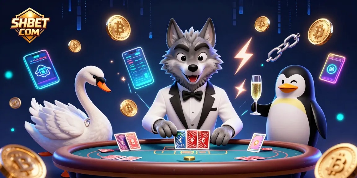 Engage in thrilling games at SHBET COM with vibrant casino characters and crypto elements.