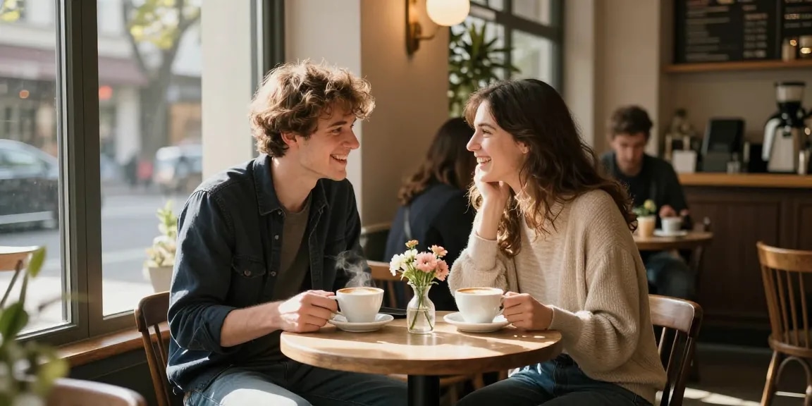 A young couple enjoying a romantic moment at a café, sharing laughter and coffee while exploring their crush on each other.