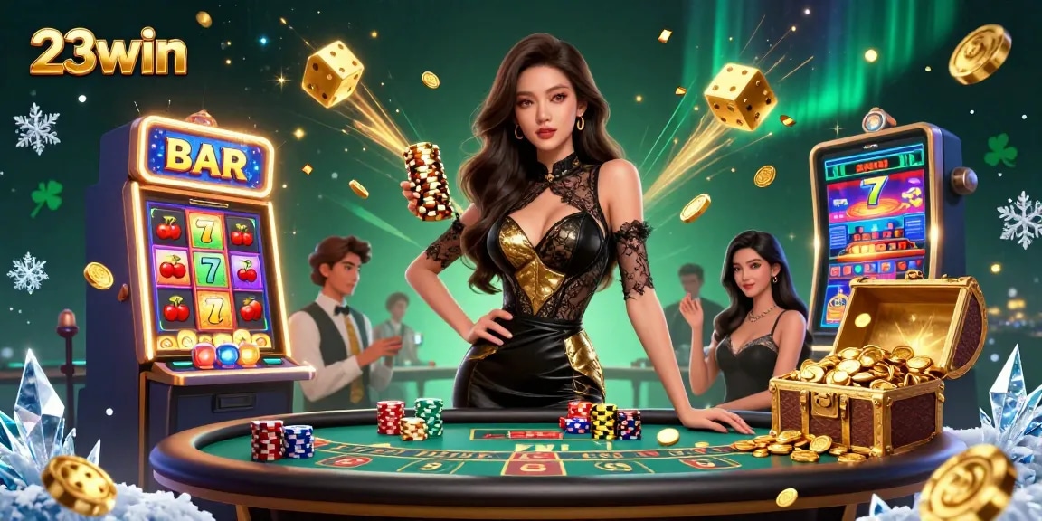 Engage with 23win's VIP baccarat atmosphere featuring a glamorous Asian woman amidst dynamic casino elements.