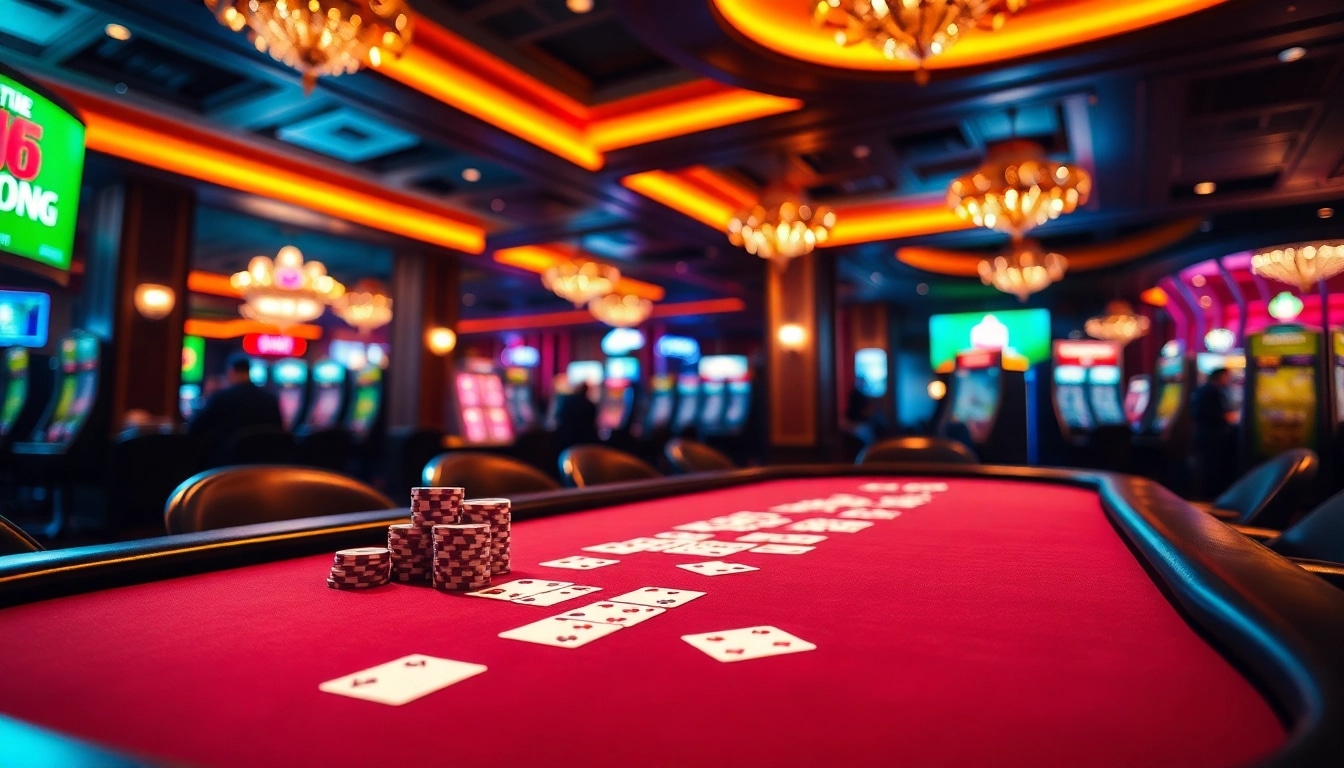 Permainan ibet44 di meja poker kasino yang menarik dengan kartu dan chip berwarna-warni.