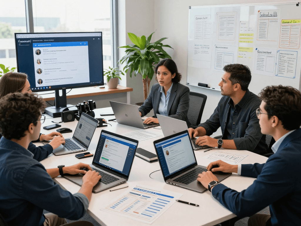 Collaborative team in a political campaign office analyzing political google ads performance with laptops and voter data reports.