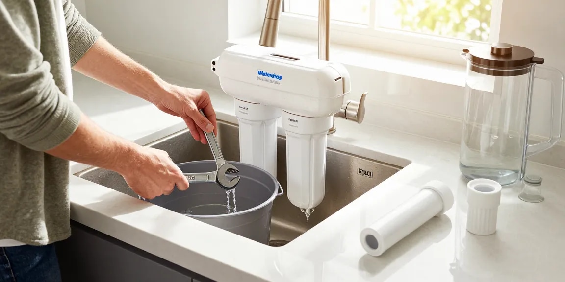Installing the Waterdrop FQK1R, GXULQR Under Sink Replacement Filter in a modern kitchen.