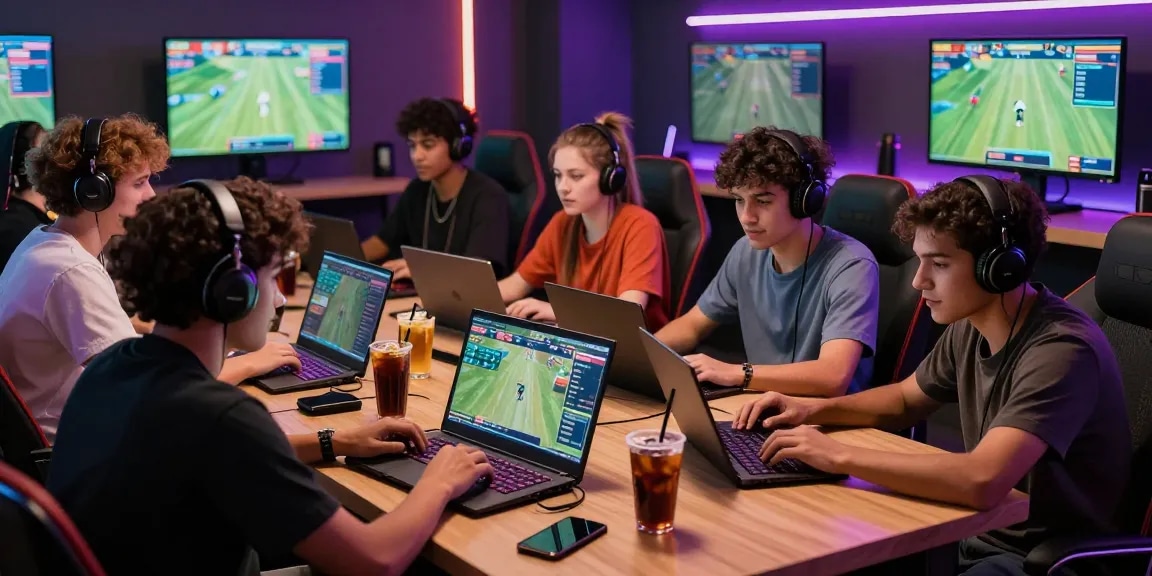 A vibrant online betting scene featuring a group using Agen Parlay Idngoal for sports betting, showcasing a high-tech gaming setup.