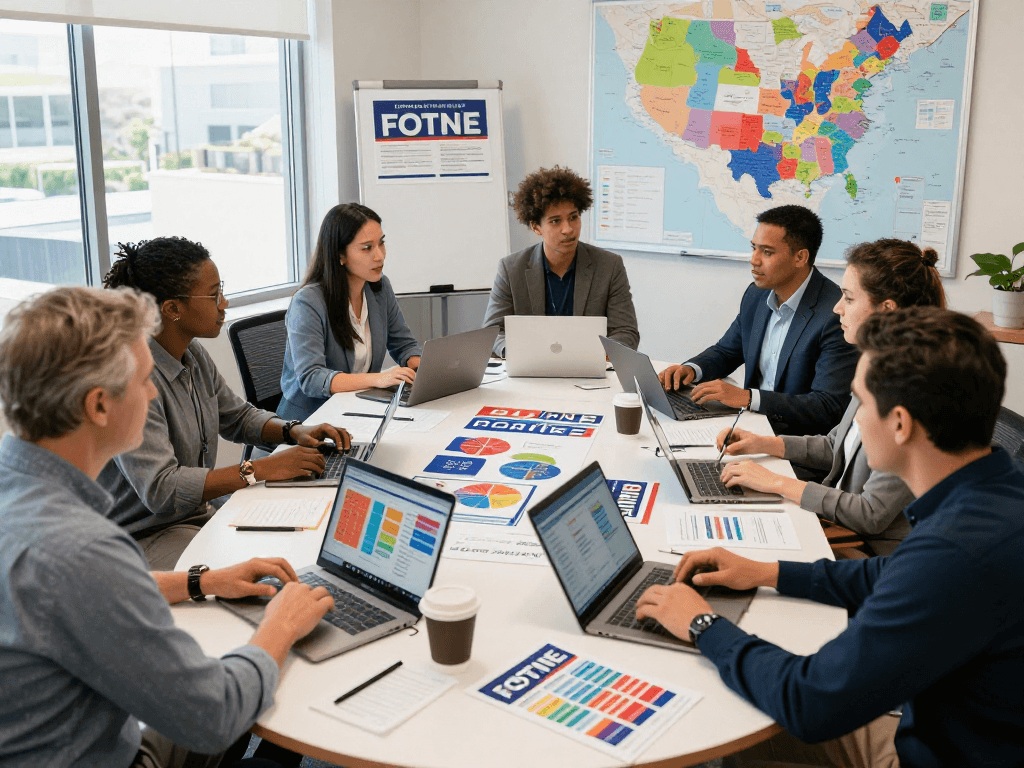 Political direct mail company brainstorming in dynamic campaign office, strategists analyzing voter data.