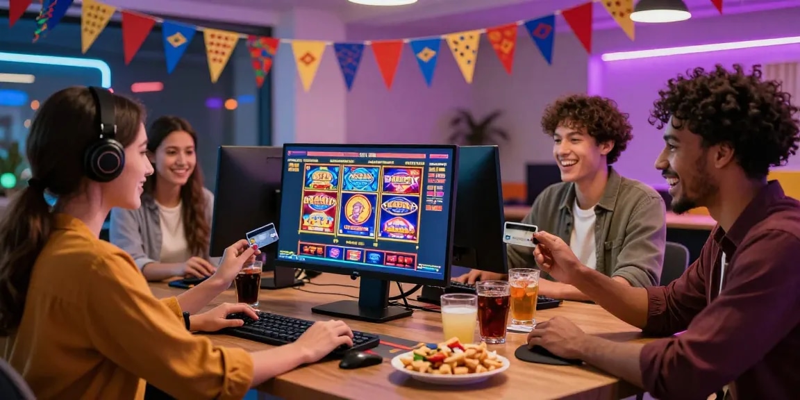 Friends enjoying a fun gaming night at credit card casinos, depositing funds with a Visa card, colorful games displayed on screen.