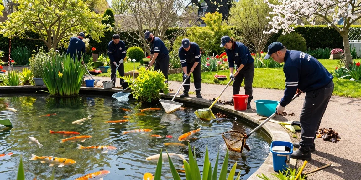 Pond Cleaning Sussex professionals removing debris from a koi pond, surrounded by lush greenery and sunlight.