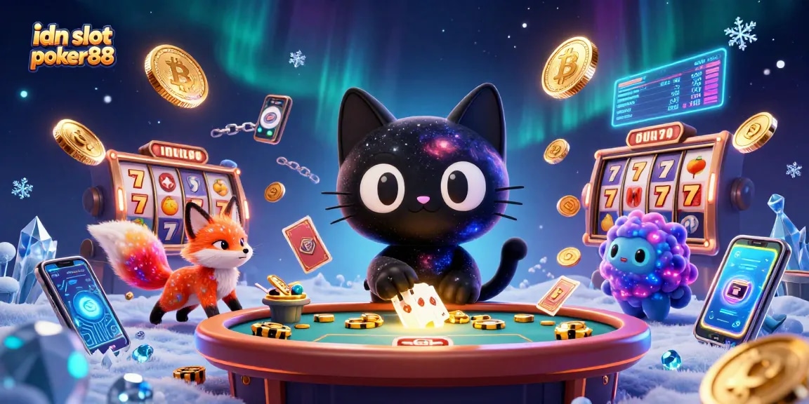 Engage with idn slot poker88 featuring a cosmic cat at a casino table, surrounded by dynamic gaming elements.