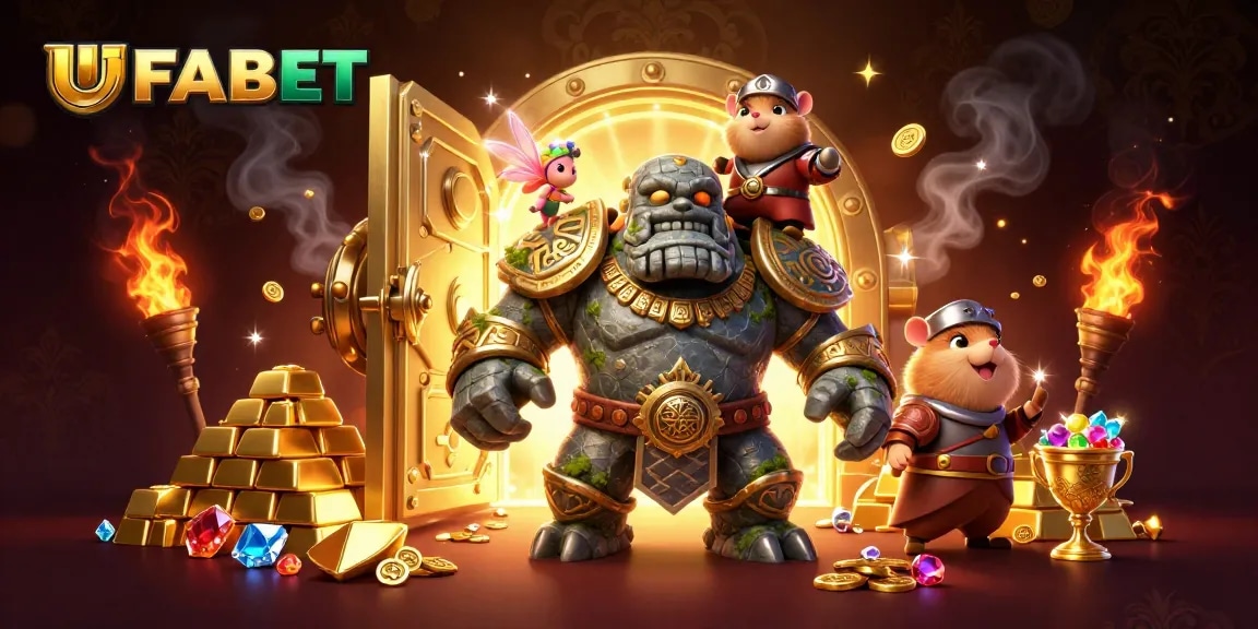 UFABET offers thrilling gaming options, featuring a golem guardian and magical elements in an enchanting casino scene.