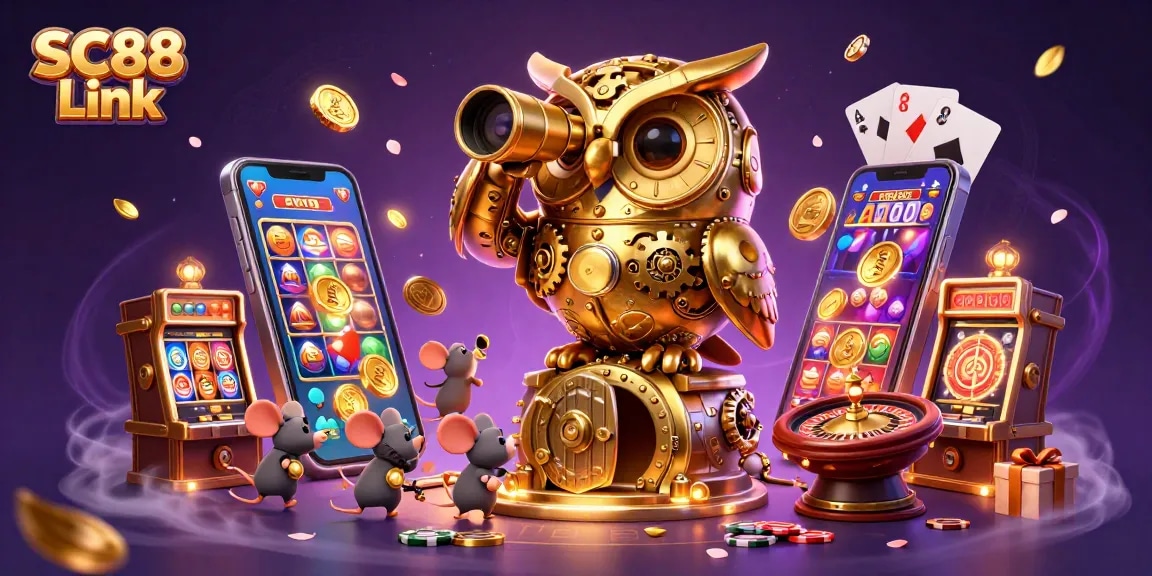Engage in thrilling gaming with SC88 Link in a vibrant, dynamic casino scene featuring an owl and gambling elements.