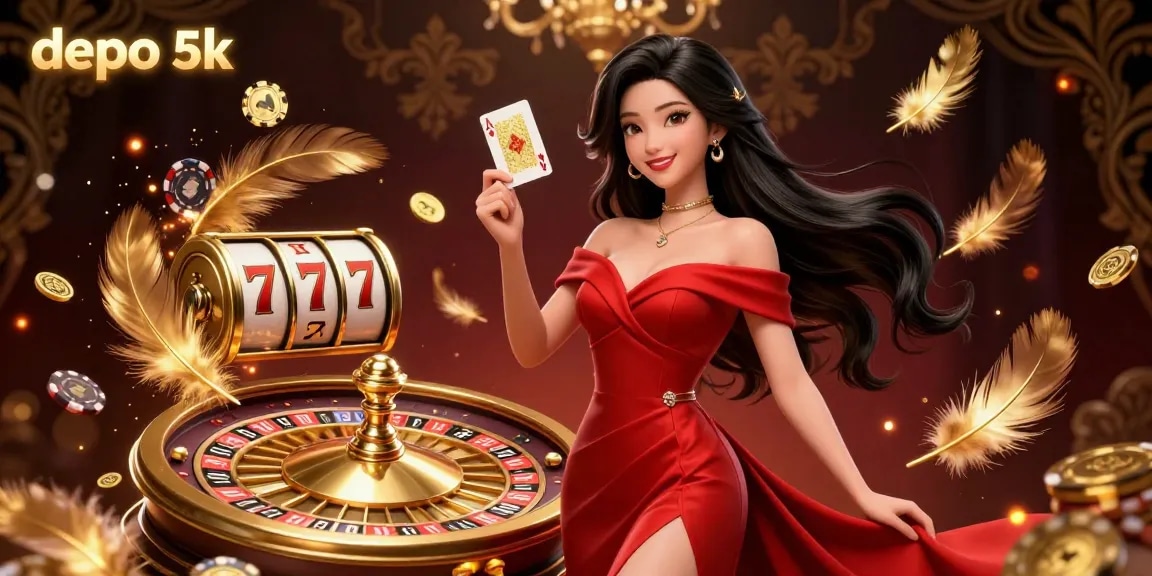 Experience thrilling gameplay at depo 5k with vibrant casino elements featuring a beautiful young woman and a roulette wheel.