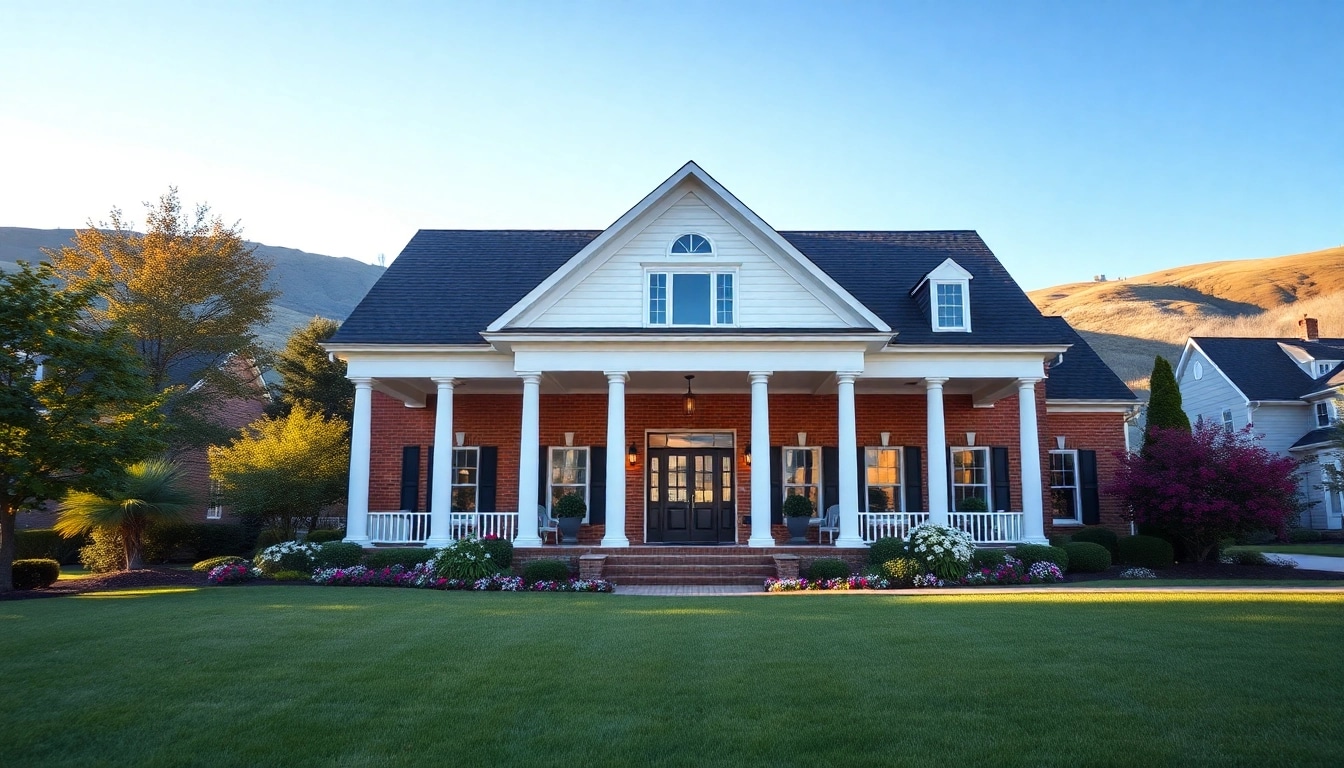 Stunning colonial home build with classic architecture amidst a vibrant landscape.