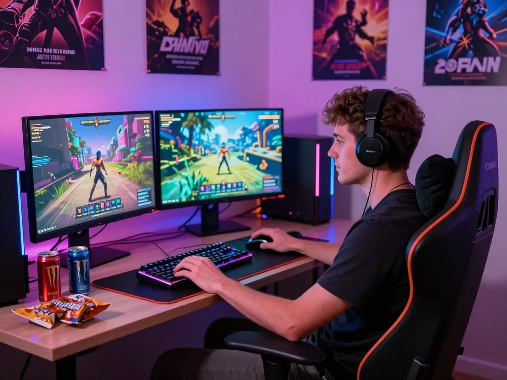 Young gamer immersed in ai porn games, seated in modern gaming setup with dual monitors and RGB lighting.