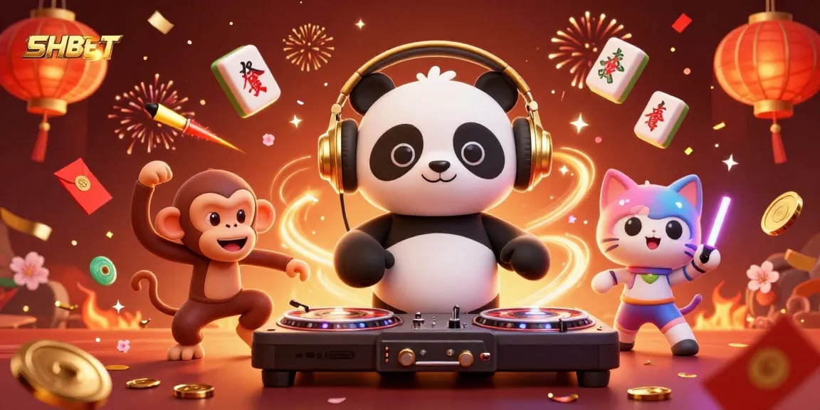Experience vibrant excitement at SHBET as DJ panda spins, surrounded by dynamic casino elements in 3D illustration.