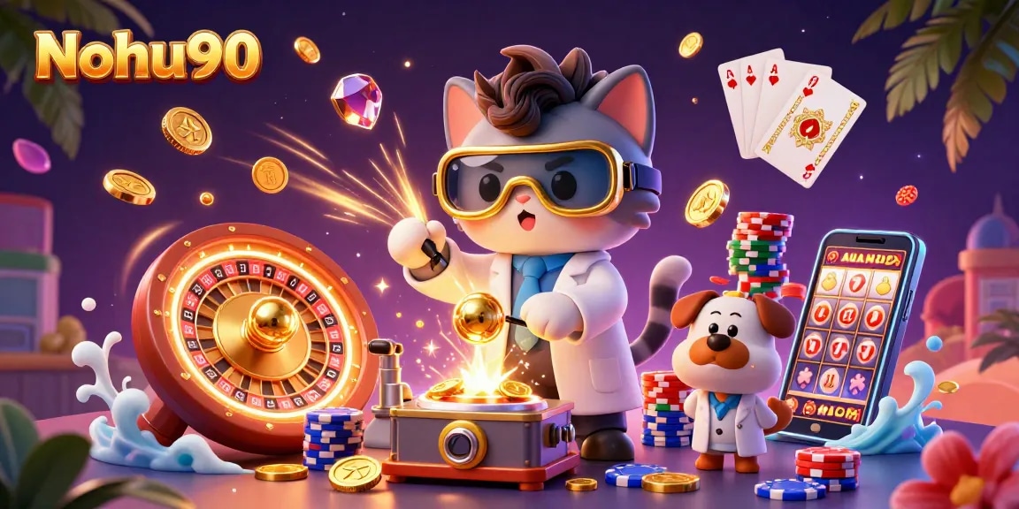 Nohu90 features an energetic scene with a mad scientist cat and lab assistant dog creating a gold-coin machine amidst vibrant casino elements.