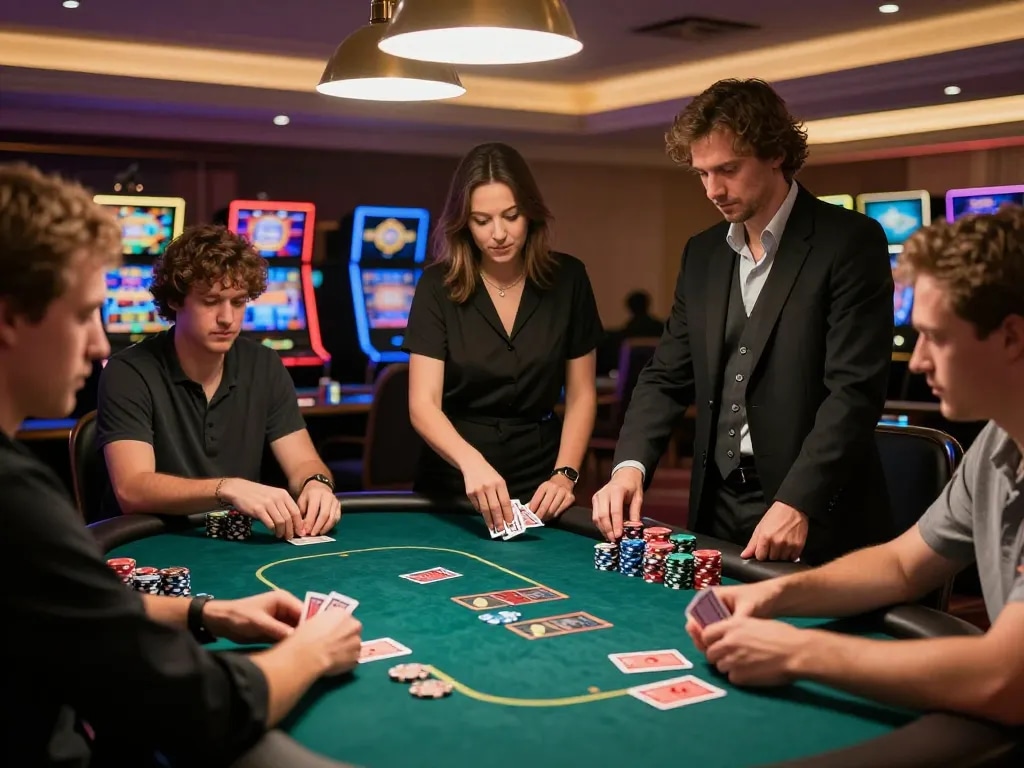 Players enjoying a game of poker at 99win casino table, showcasing strategic gameplay in a vibrant atmosphere