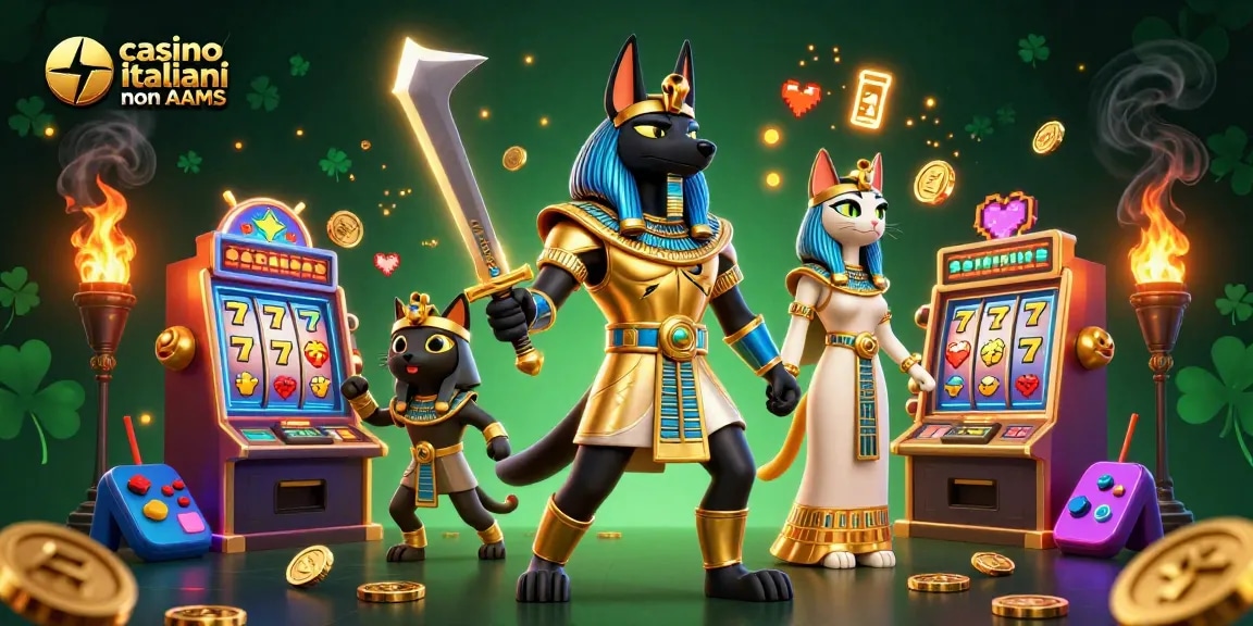 Partecipa a emozionanti slot nei casino italiani non AAMS con Anubis e Bastet tra elementi di gioco dorati e vivaci.