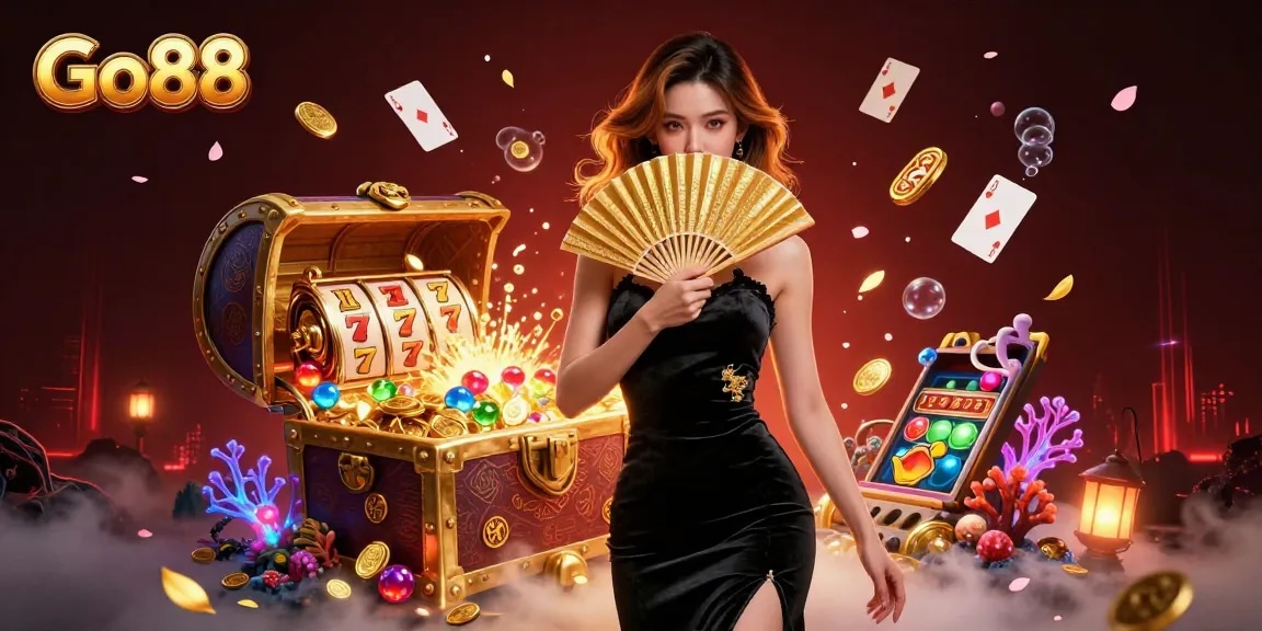 Go88 offers an exciting 3D casino illustration showcasing slot reels, a glamorous character, and vibrant gaming elements.
