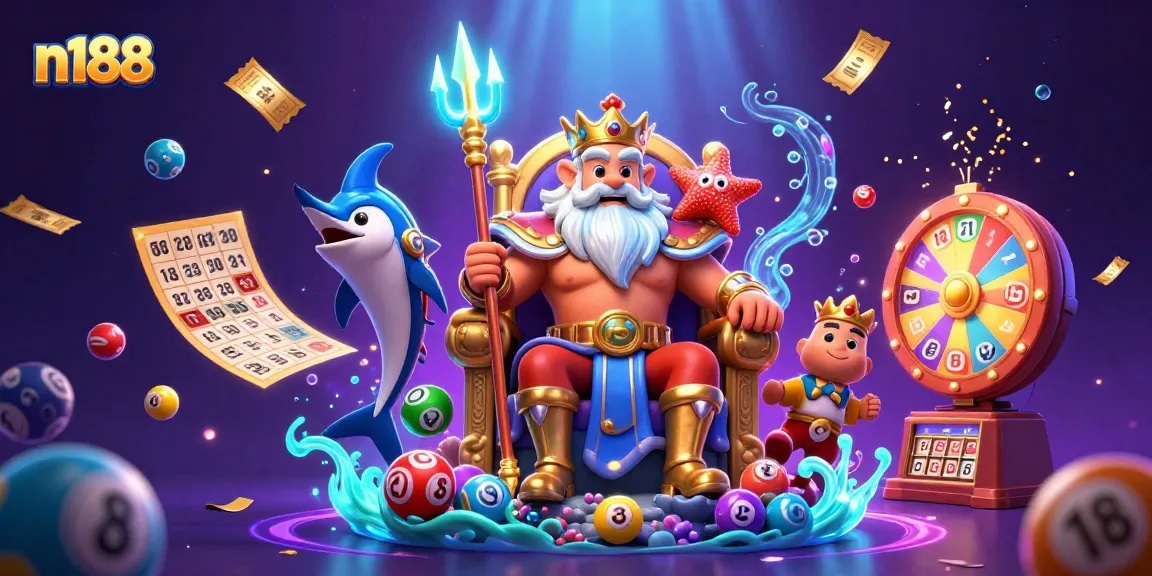 Experience the excitement of n188 with Neptune and vibrant casino games in a dynamic 3D scene.