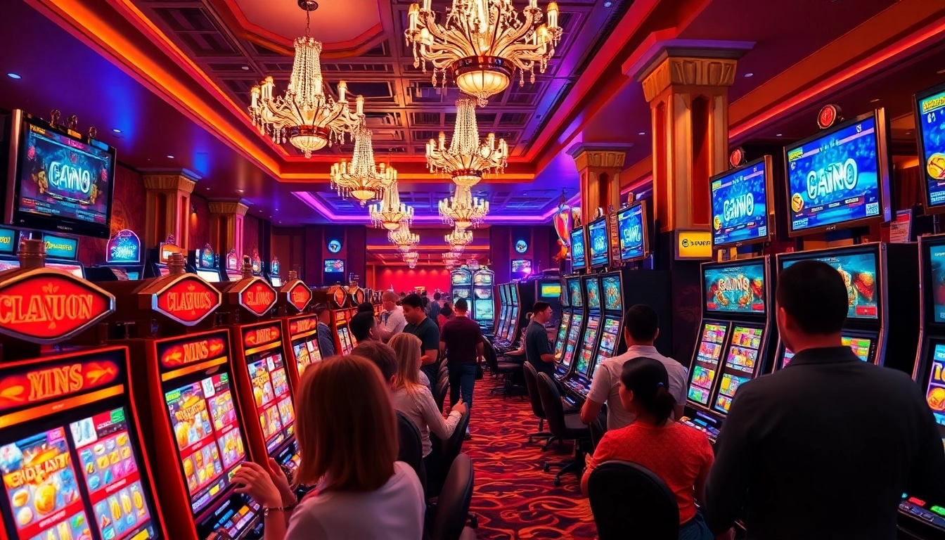 Mainkan slot online yang mengasyikkan di kasino yang ramai dengan mesin slot berkilau.