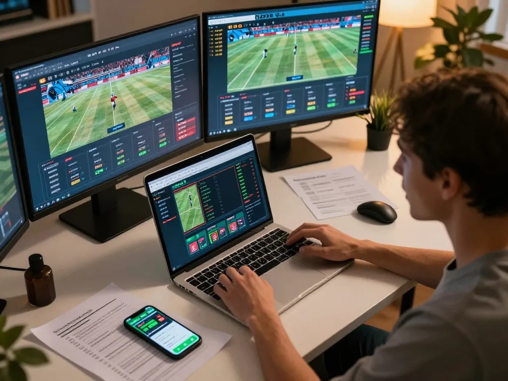 Person actively betting on sports at Nhà cái MM88 using multiple screens and a smartphone