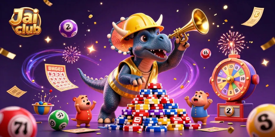 Engage in thrilling games at Jai club with a vibrant scene of dinosaurs celebrating wins in a colorful casino
