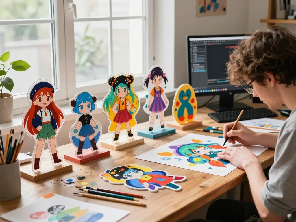 Custom acrylic stand showcasing vibrant designs in artist studio space with colorful paints and natural light.