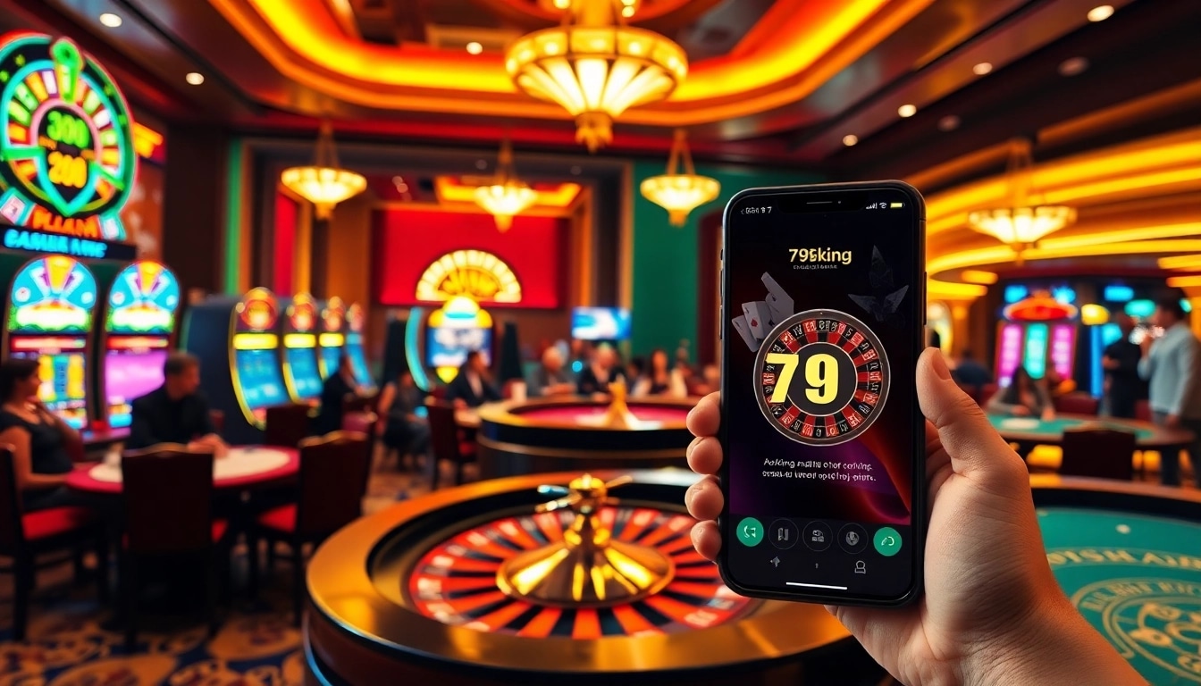 Experience the thrill of casino gaming at 79king hn, showcasing players at poker tables and vibrant slot machines.
