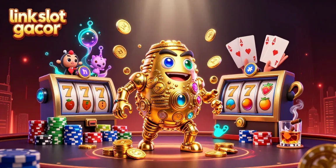 Experience thrilling action with the link slot gacor, featuring vibrant slot reels and a golden golem surrounded by poker games.