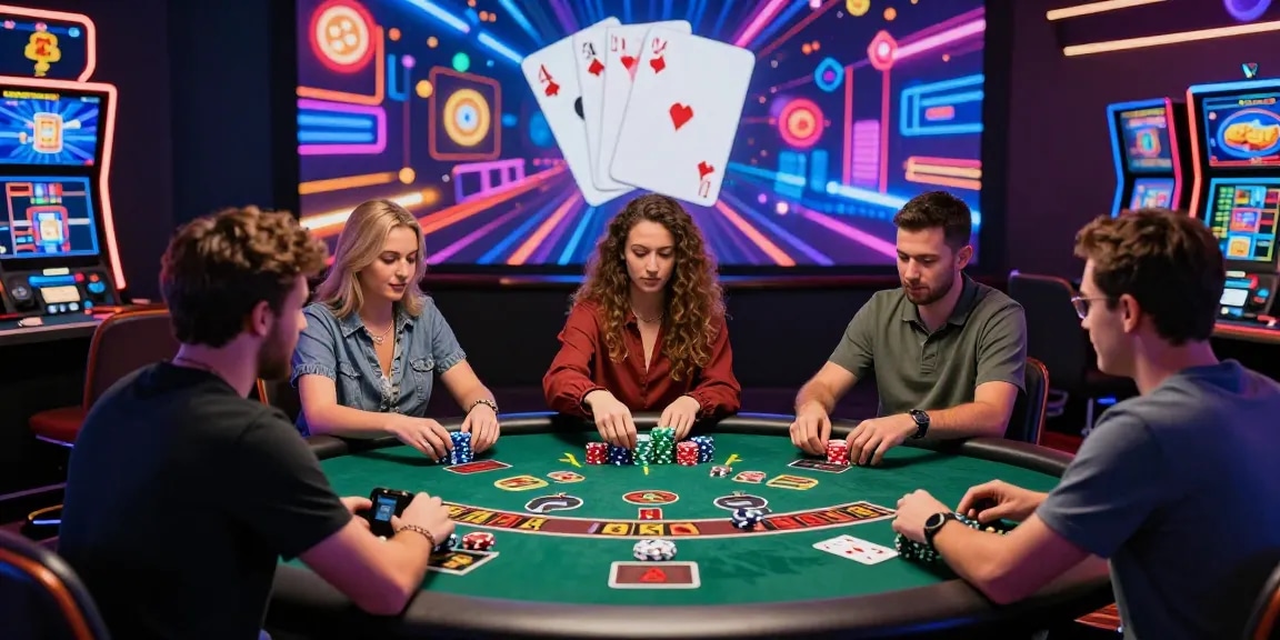 Scène engageante de casino en ligne avec des joueurs à des tables numériques, mettant en avant l'excitation des bonus de casino en ligne dans une atmosphère vibrante.