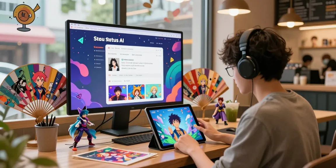 Engaging scene in Status AI where users create avatars and interact with AI characters in a vibrant virtual café setting.