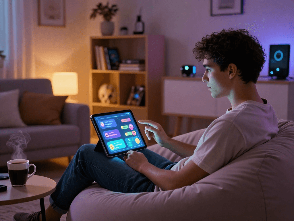 Engaging in a hentai ai chat on a cozy bean bag setup, showcasing AI interaction.