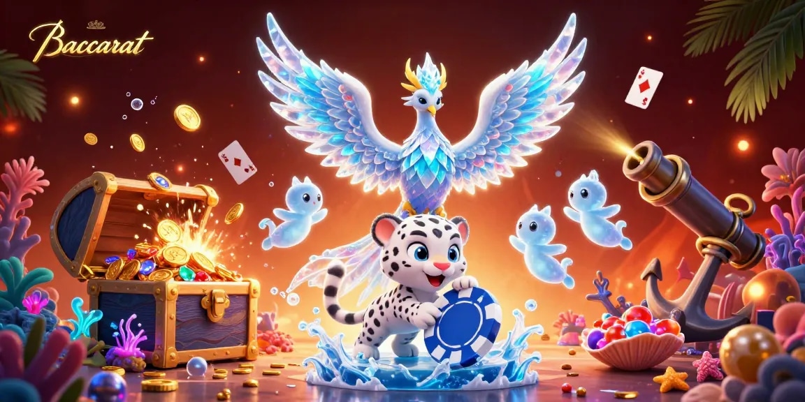 Baccarat game scene with a cartoon phoenix and snow leopard cub amidst vibrant casino elements