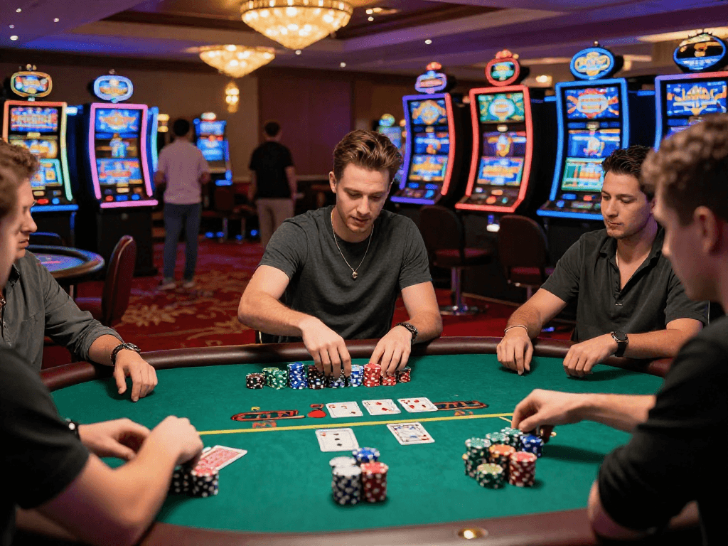 Experience the thrill of gambling at vin88.com with vibrant casino visuals showcasing excited players and dynamic gaming