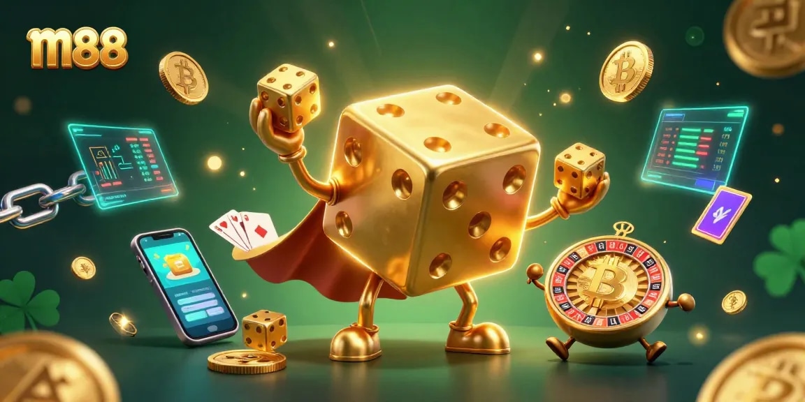 Bet on exciting wins with m88 featuring a golden dice golem juggling and glowing crypto coins.