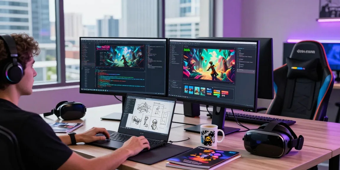 link raja328 gaming development scene with dual monitors, vibrant workspace, coding activities