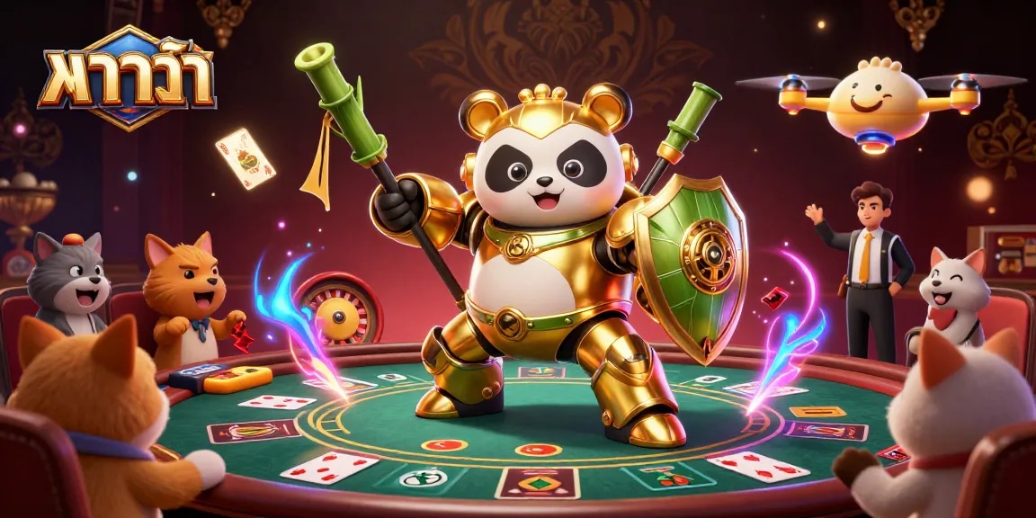 Baccarat gameplay depicted with a mech-suit panda in an electrifying casino arena for gamblers.