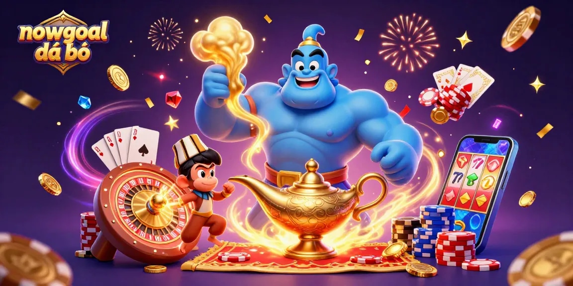 Bet on nowgoal đá bóng with vibrant 3D illustrations of gambling excitement and winning chances.