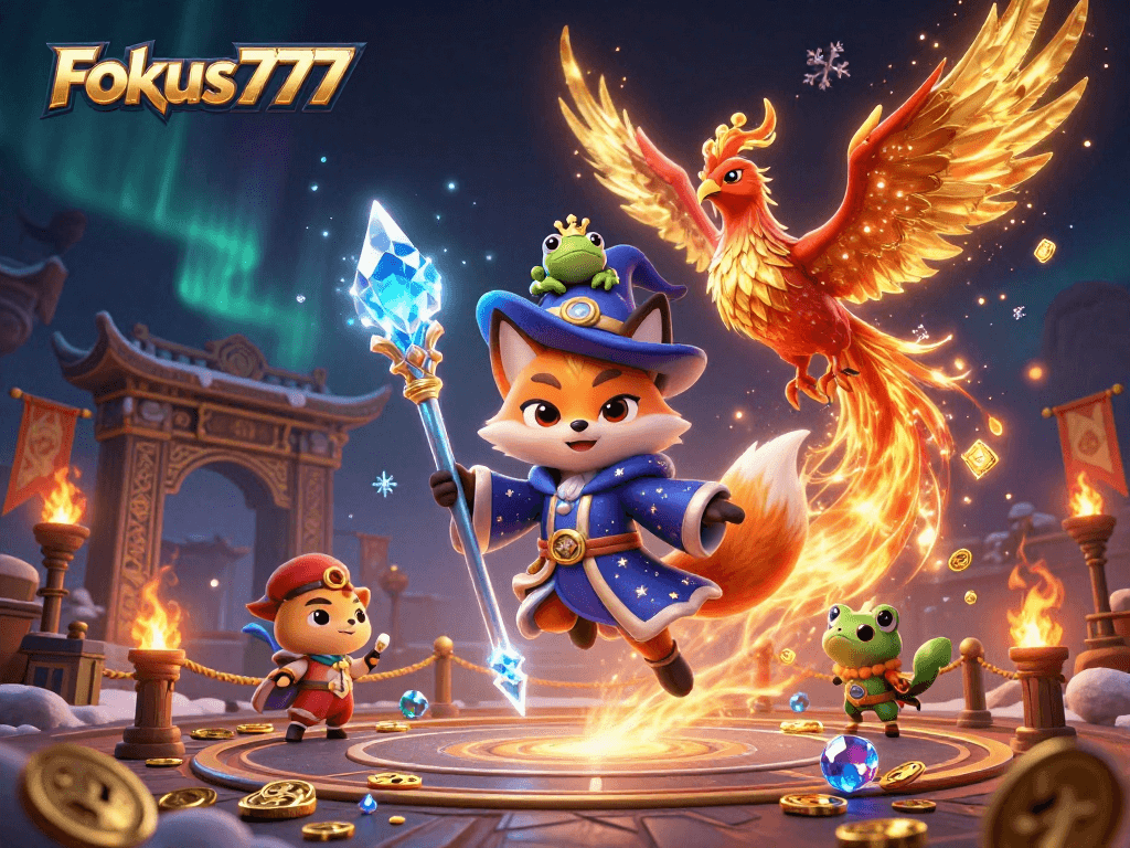Experience the excitement of Fokus777 with a vibrant 3D scene filled with magic and casino elements.